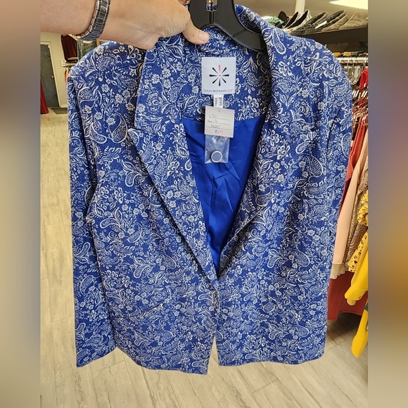 NWOT. QVC Cotton/Linen blue and white jacquard blazer w/full lining&real pockets - Picture 5 of 6